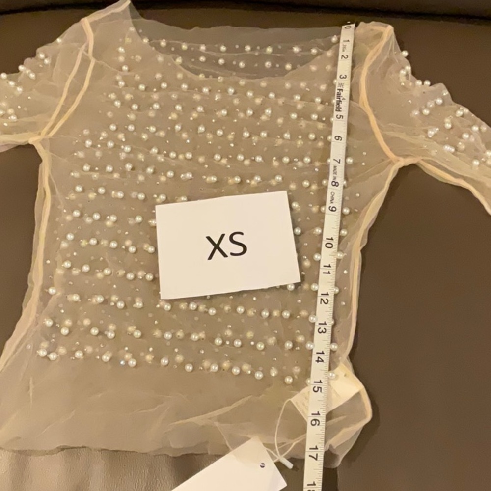 Sheer mesh pearl shiny rhinestone long sleeve blouse - Picture 7 of 16